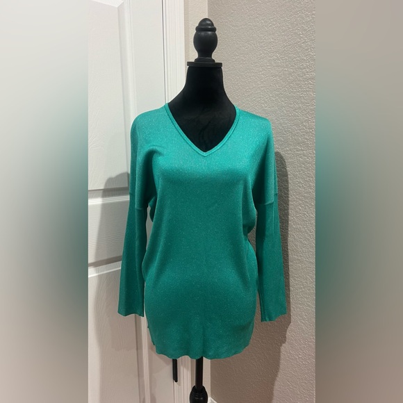 St. John - Teal Wool Blend Embellished V Neck Sweater Size p
